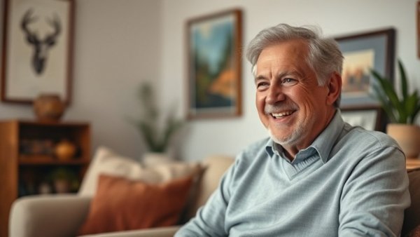 Middle-aged person discussing overcoming imposter syndrome, cozy room.