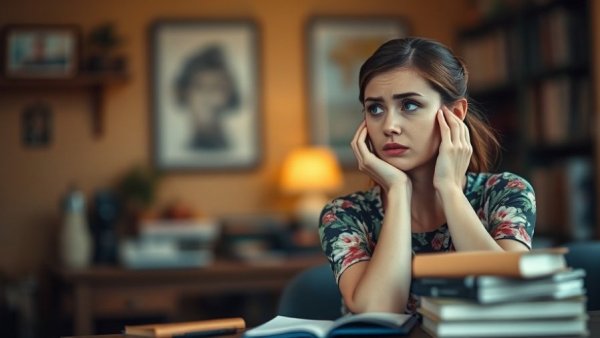 Confused woman at desk with books, Human Design System concept.