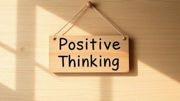 Wooden sign saying 'Positive Thinking' on a table, promoting core principles of positive thinking.