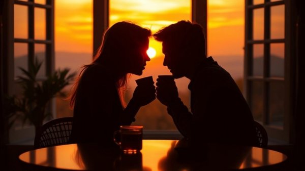Silhouetted couple sipping coffee at sunset, finding joy in life's challenges.