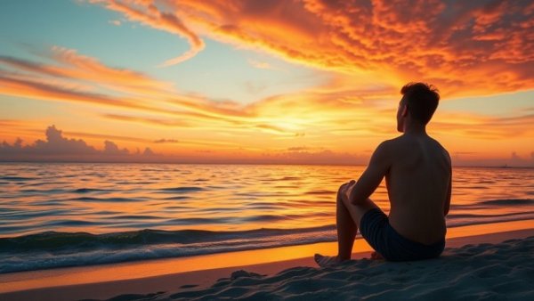 Serene moment on a beach during sunset, overcoming catastrophic thinking.