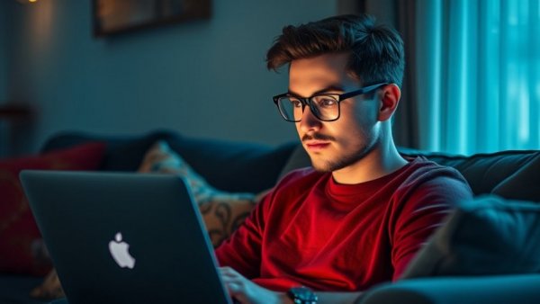 Contemplative man using laptop on couch highlights AI dependency on emotional connections.