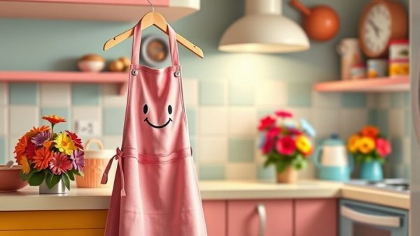 Whimsical kitchen with a smiling apron and colorful flowers in cartoon style, promoting Eat Healthier and Feel Better on Your Skin.