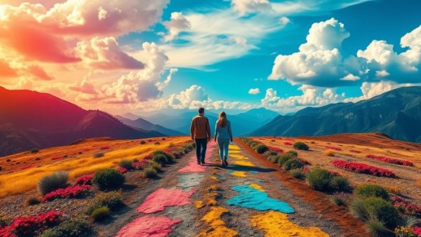 Vivid crossroads painting depicting love and emotional pain, with two people on separate paths.