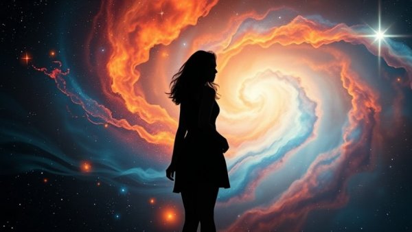 Silhouette embracing cosmic energy in a vibrant universe, trusting the universe more than yourself.