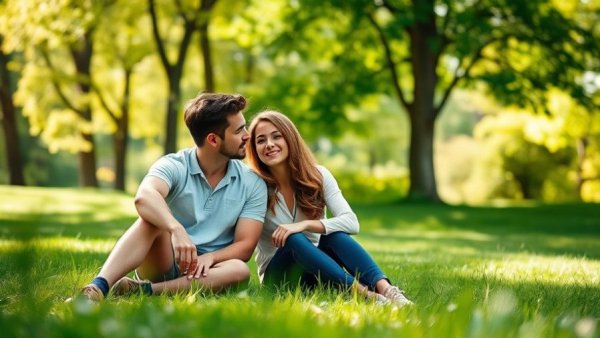 Young couple discussing dating questions to deepen connection in a park.