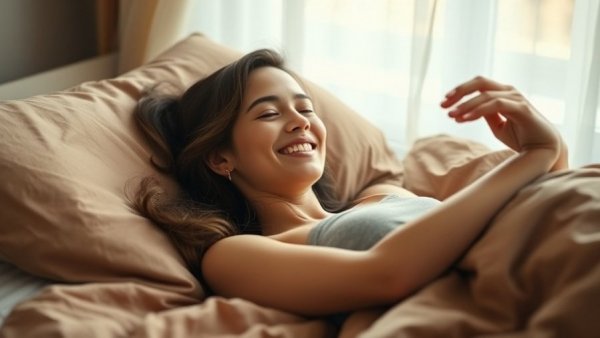 Young woman smiling and stretching in bed, adjusting to daylight saving time.