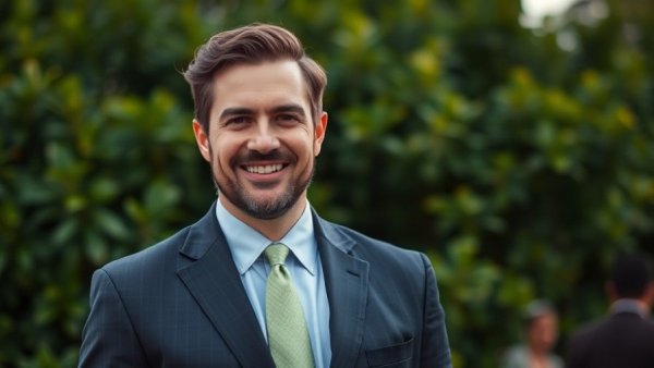 Confident man outdoors in suit, smiling warmly.