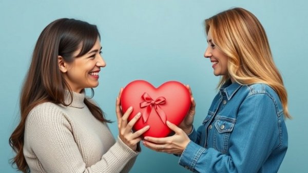 Two women holding heart-shaped gift on Valentine's Day.