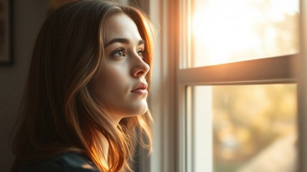Young woman coping with agoraphobia, looking out the window, sunlit room.