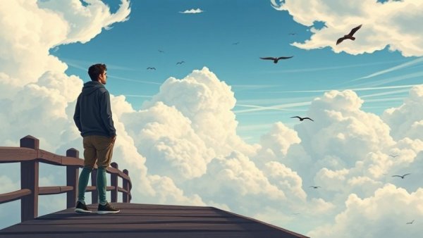 Solitary person on bridge amid cloudy sky, birds flying, coping with unmet expectations.