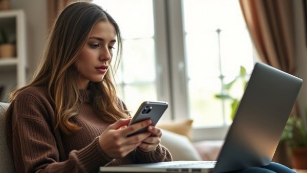 Focused woman in home office, reflecting on phone feedback.