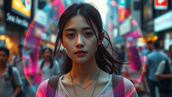Young woman in energy bubble on busy street, protecting your energy.