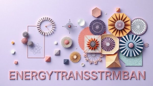 Abstract shapes and text on a lavender background for energy transformation theme.