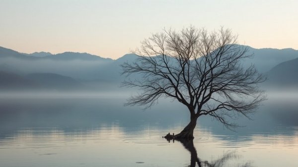 Meditation practice moment with solitary tree reflecting in calm water.