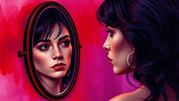 Artistic watercolor of woman reflecting in mirror, emotional expression for highly sensitive people.