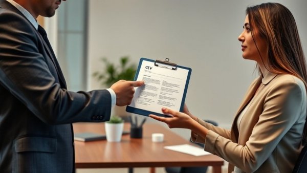 Exchange of CV in an office setting, capturing job search dynamics.