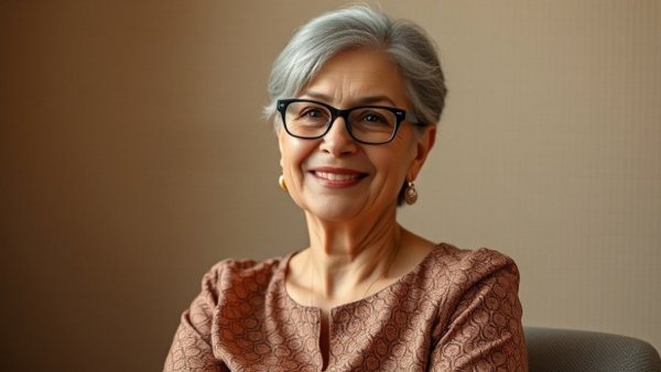 Middle-aged woman smiling confidently, spiritual journey theme.