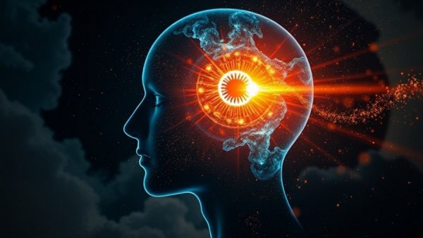 Quantum Shift transformative cosmic head with radiant light.