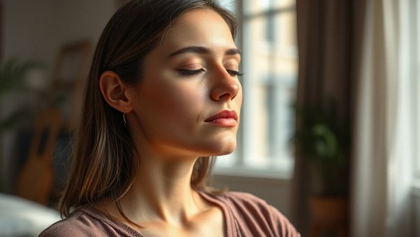 Young woman meditating indoors with a serene expression, highlighting meditation side effects.