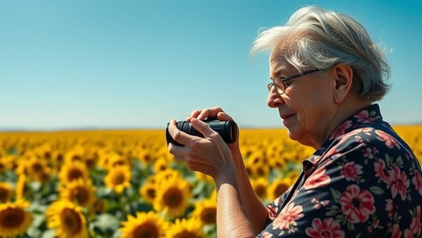Elderly woman photographing sunflowers, Restoring Hope and Trust in nature.