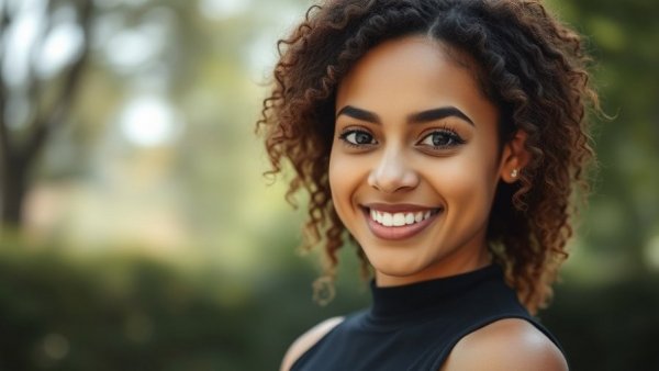 Smiling woman with curly hair in nature, Emotional Detox Deck
