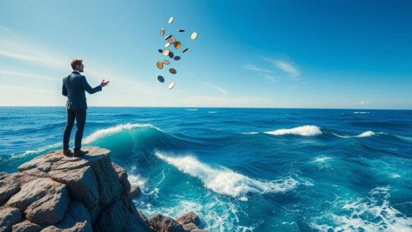 Impressionistic painting of detachment from money goals, person releasing coins into ocean.