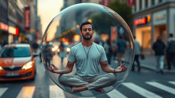 A man meditates inside a transparent bubble on a bustling city street, illustrating emotional detachment exercises.