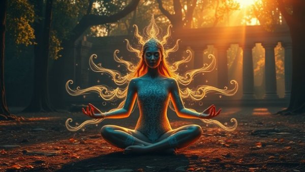 Glowing figures in mystical meditation during a quantum shift.