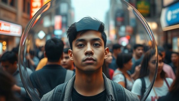 Calm young man showcasing awareness and willpower in busy crowd.