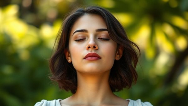 Serene young woman meditating outdoors during midday.