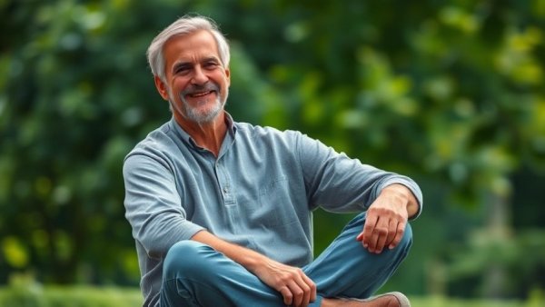 Empowering AcroYoga Practice: Smiling man seated outdoors in nature.
