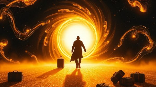 Silhouette entering energy portal with bags on cosmic path.