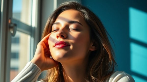 Calm woman practicing positive thinking techniques in sunlight.
