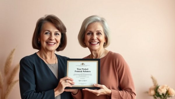 Two women smiling with award, symbolizing empowerment.
