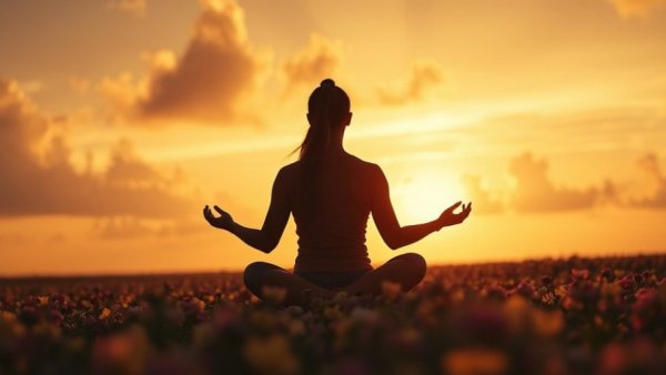 Serene silhouette meditating for manifestation in golden field.