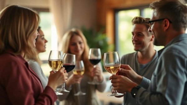 Social gathering with wine, focus on interactions, Energy Healing for Addiction Recovery.