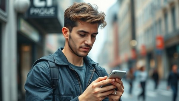 Young man transforming toxic habits, using smartphone thoughtfully.