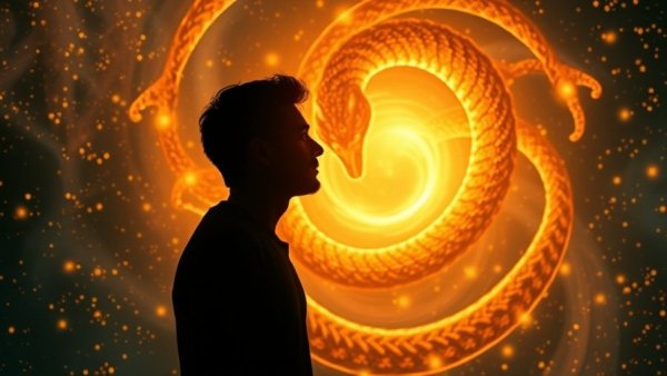 Quantum Shift concept: Silhouette and ouroboros in cosmic scene.