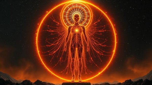 Ethereal being radiating energy in cosmic scene, Quantum Shift theme.