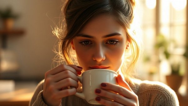 Young woman enjoying a hot drink during a self-care day, soft morning light.