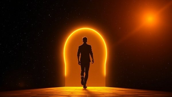 Silhouette stepping through glowing portal, quantum shift concept