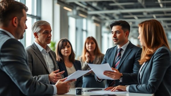 Business professionals engaged, promoting speak-up culture in the workplace.