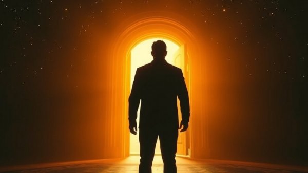 Quantum Shift concept: silhouette at a glowing doorway in cosmic scene.
