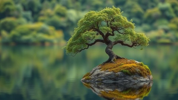 Solitary tree on stone in peaceful lake; Follow Your Bliss in Today's Economy.