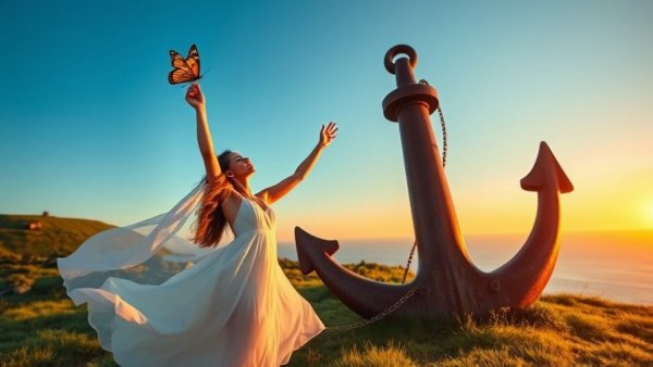 Serene woman in white dress on hill with an anchor and butterfly, Energy Healing.