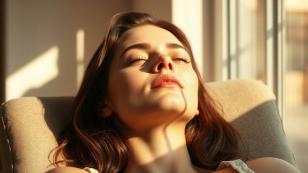 Serene woman finding peace of mind in warm sunlight indoors.