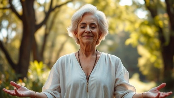 Serene woman practicing emotional awareness in a lush garden.