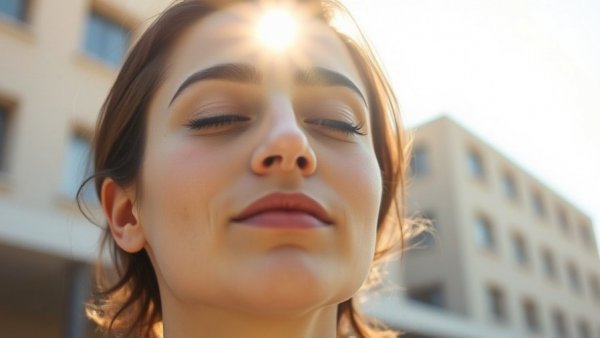 Morning anxiety portrait with sunlit calm expression.