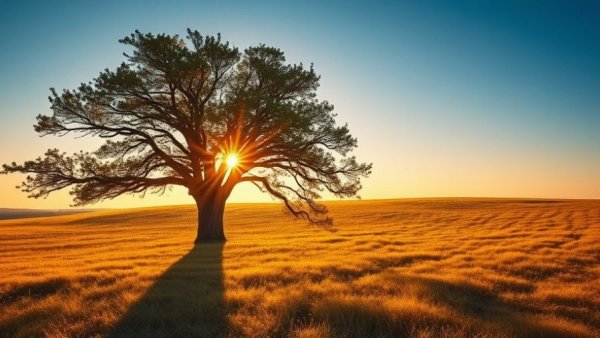 Solitary tree during sunset in tranquil meadow, Mindfulness-Based Stress Reduction.